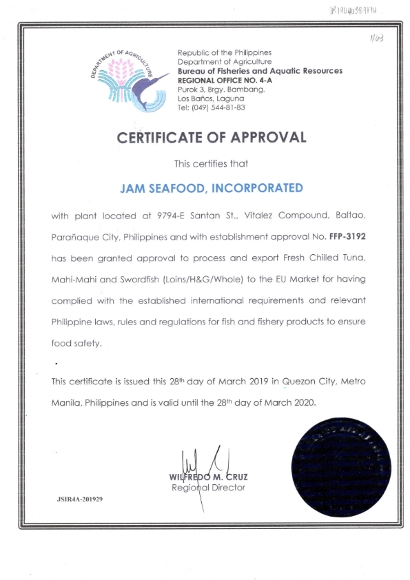 Certificate of Aproval JAM SEAFOODS