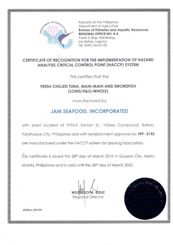 HACCP certificate fresh chilled fish JAM SEAFOODS